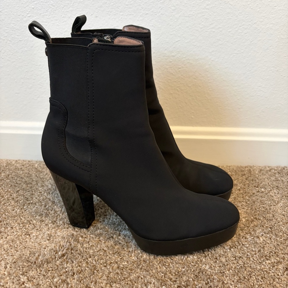 Black Crepe Platform Stretch Ankle Booties with Chunky Heel - Picture 3 of 11